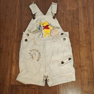 VTG Disney Winnie the Pooh Baby Overalls 18M Striped Beige Dino Fossil Embroided